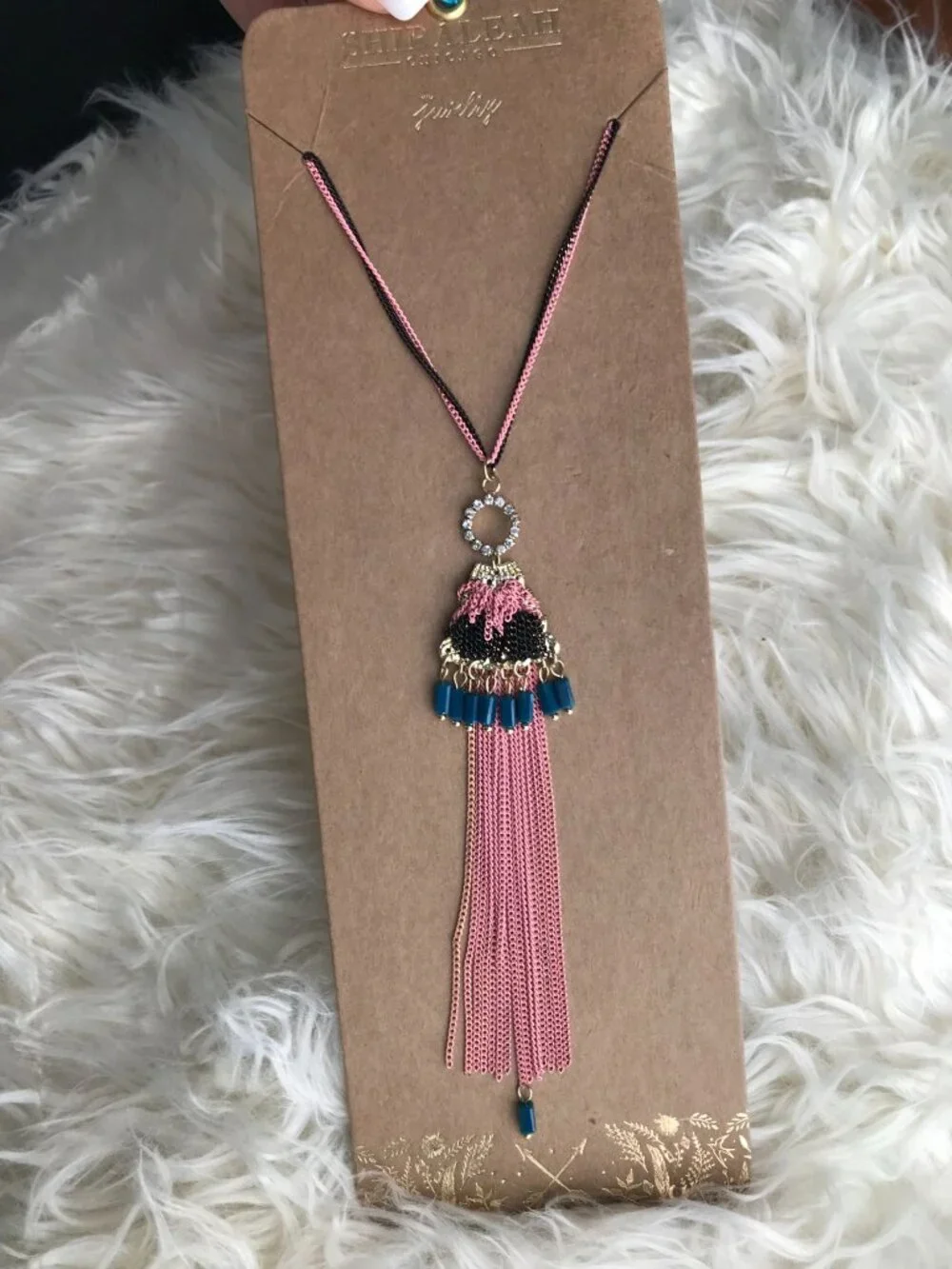 NWT Anthropologie Boho Festival Jewelry Pink Long Beaded Chain Tassel Necklace